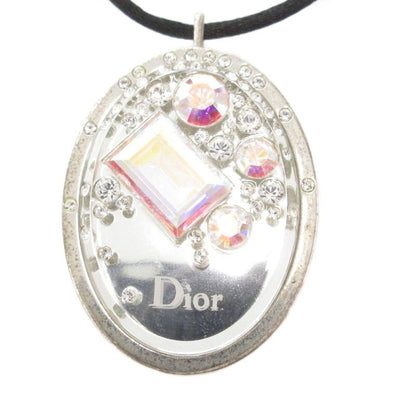 Christian DIOR Pendant Necklace Rhinestone Mirror Logo Silver Color Black AE -