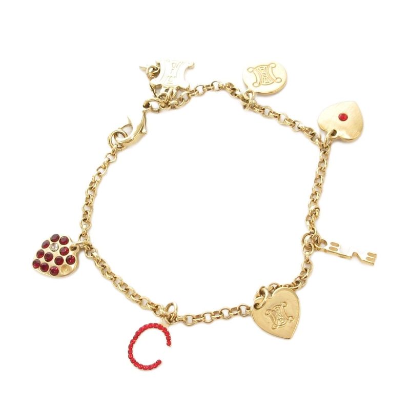 Celine Rhinestone Embellished Charm Chain Bracelet Logo Gold Color AE - GY47