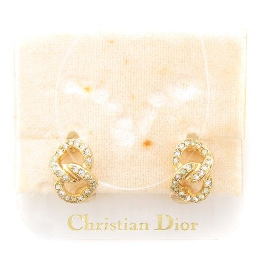 Christian DIOR Earrings Rhinestone 2 Chain Gold Color AE - GY47
