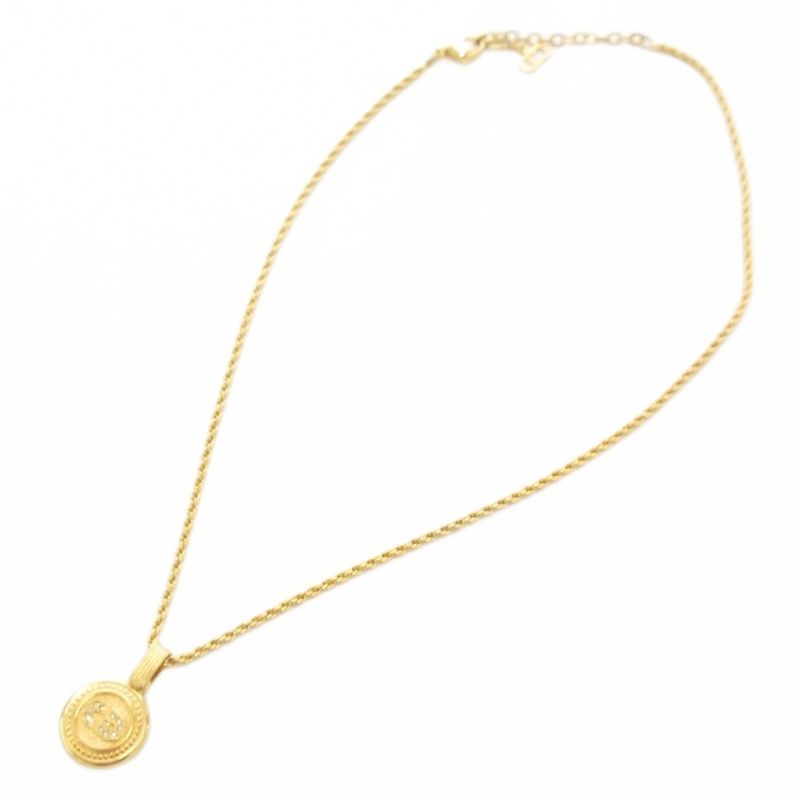 Christian DIOR CD Logo Round Gpnecklace Pendant Rhinestone Gold Color AE - GY47