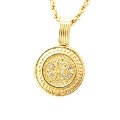 Christian DIOR CD Logo Round Gpnecklace Pendant Rhinestone Gold Color AE - GY47