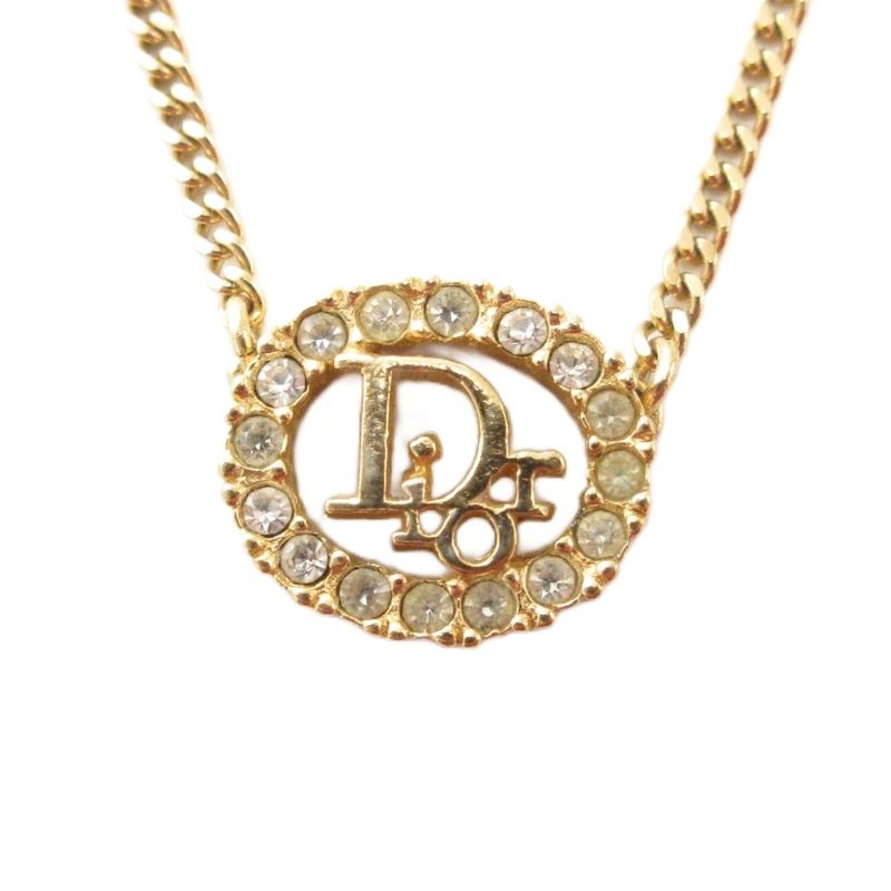 Christian DIOR Necklace Pendant Logo Rhinestone Gold Color AE - GY47