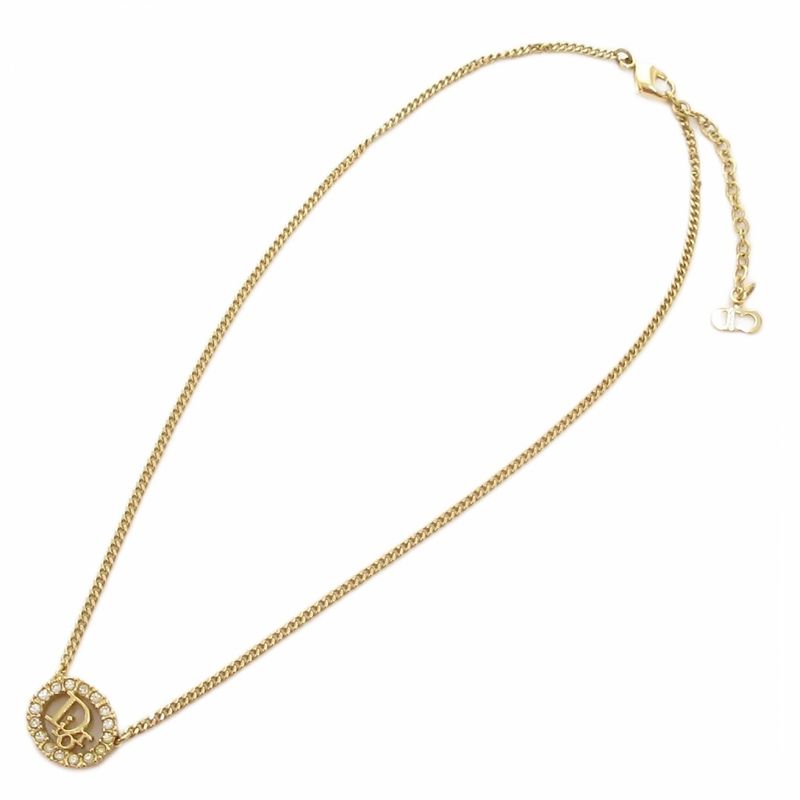 Christian DIOR Necklace Pendant Logo Rhinestone Gold Color AE - GY47