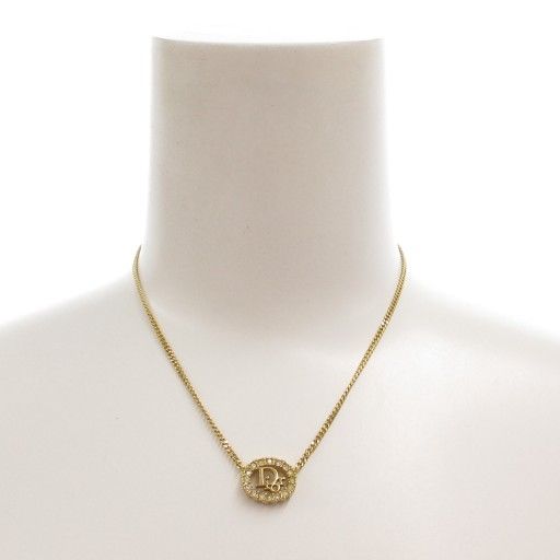 Christian DIOR Necklace Pendant Logo Rhinestone Gold Color AE - GY47