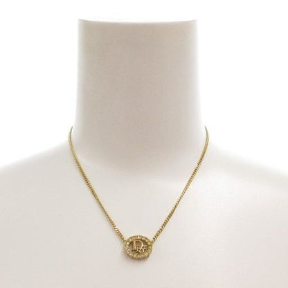 Christian DIOR Necklace Pendant Logo Rhinestone Gold Color AE - GY47