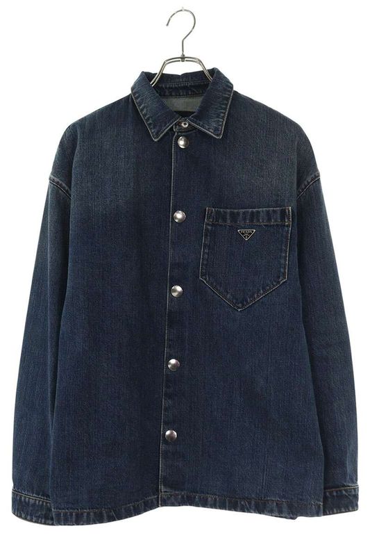 Prada Gec066 S212 14EF Triangle Logo Plate Denim Long Sleeve Shirt Men's S