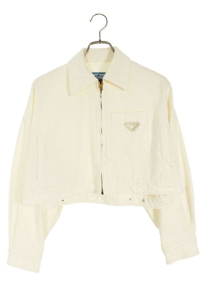 Prada Gfb279 Triangle Logo Plate Cropped Denim Jacket Women 36