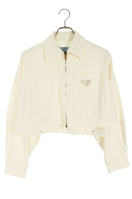 Prada Gfb279 Triangle Logo Plate Cropped Denim Jacket Women 36