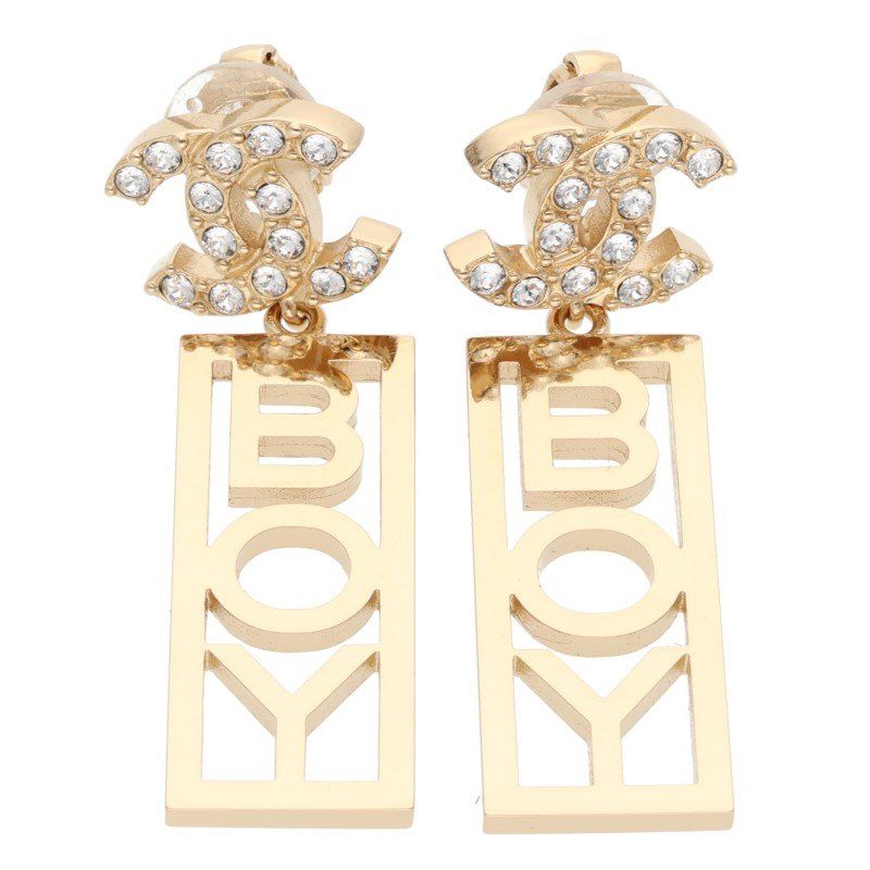 Chanel Coco Mark Rhinestone BOY Plate Earring Ladies