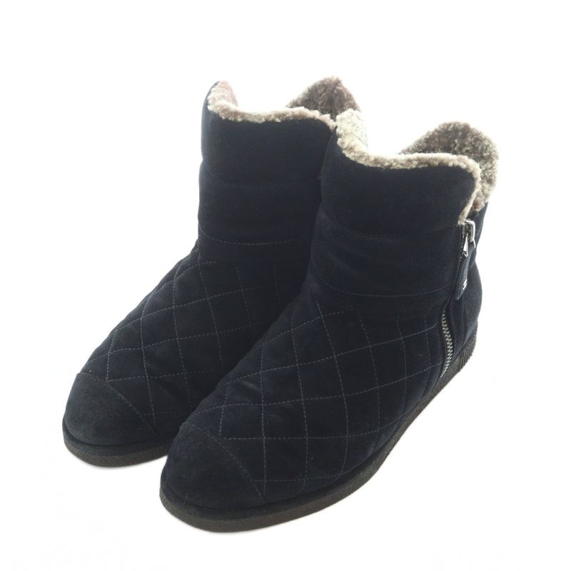 Chanel 13A Mouton Boots 37.5 24.5cm (9.65in) Black Beige Quilted G27813 RI - OS