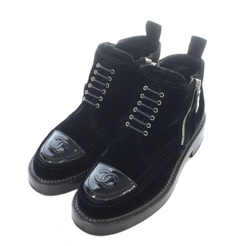 Chanel 15B Coco Mark Lace Up Short Boots 37 24cm (9.45in) Black G31104 RI - OS