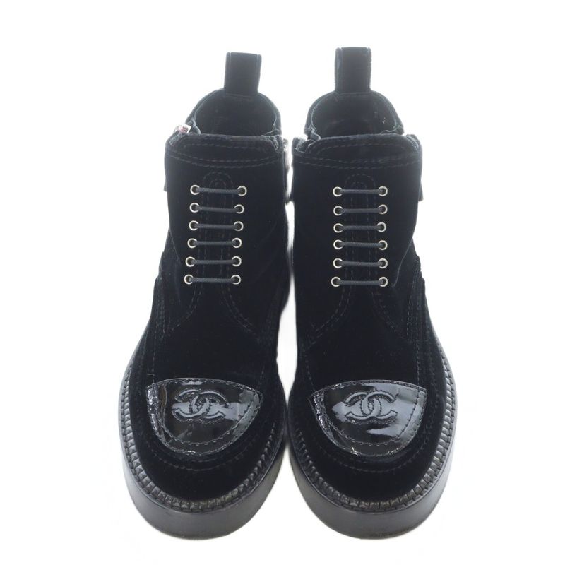 Chanel 15B Coco Mark Lace Up Short Boots 37 24cm (9.45in) Black G31104 RI - OS