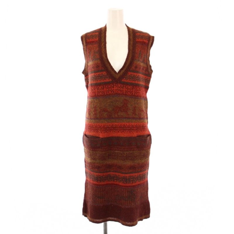 Hermes Knit Dress Tight Knee Length Sleeveless V-neck Total Pattern Cashmere