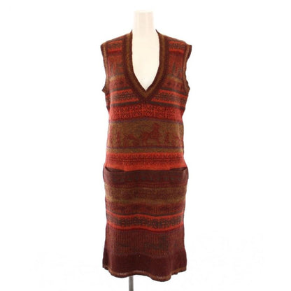 Hermes Knit Dress Tight Knee Length Sleeveless V-neck Total Pattern Cashmere