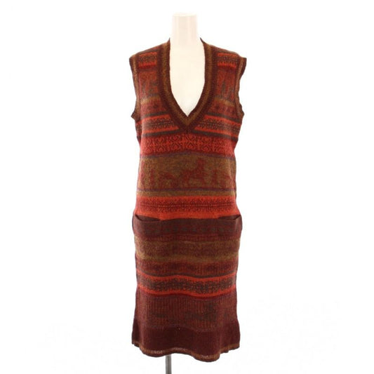 Hermes Knit Dress Tight Knee Length Sleeveless V-neck Total Pattern Cashmere