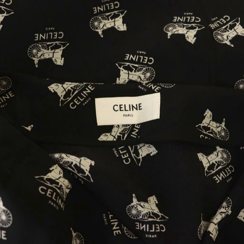 Celine Sulky Logo Allover Skirt Flared Silk 36 Black White CX - GY57