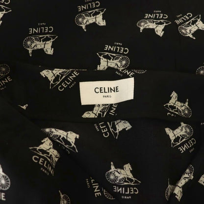 Celine Sulky Logo Allover Skirt Flared Silk 36 Black White CX - GY57