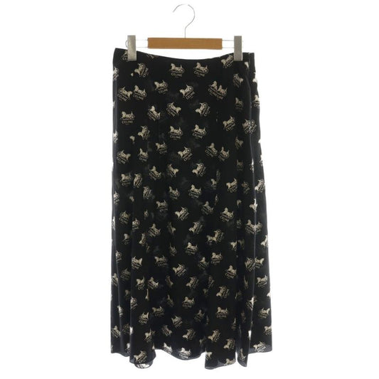 Celine Sulky Logo Allover Skirt Flared Silk 36 Black White CX - GY57