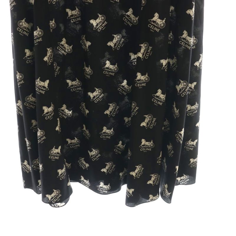 Celine Sulky Logo Allover Skirt Flared Silk 36 Black White CX - GY57