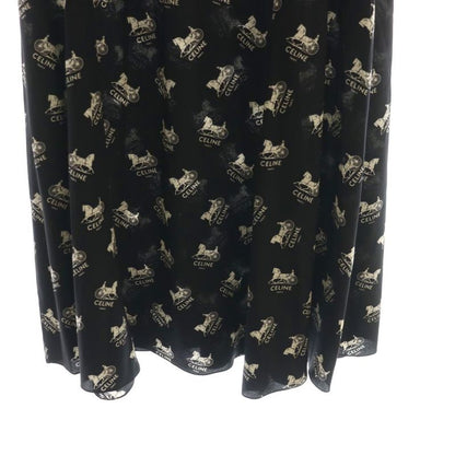Celine Sulky Logo Allover Skirt Flared Silk 36 Black White CX - GY57