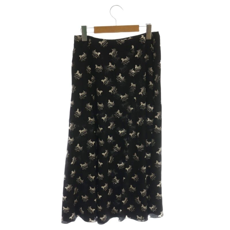Celine Sulky Logo Allover Skirt Flared Silk 36 Black White CX - GY57