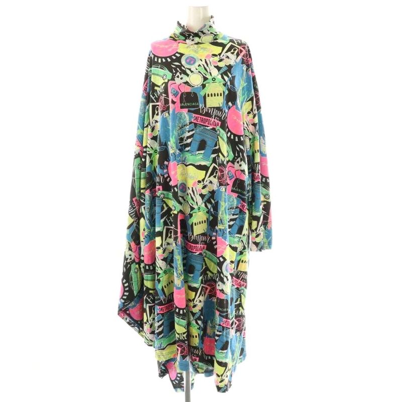 Balenciaga 20SS City Print Dress Long Total XS Black Multicolor DO - GY57