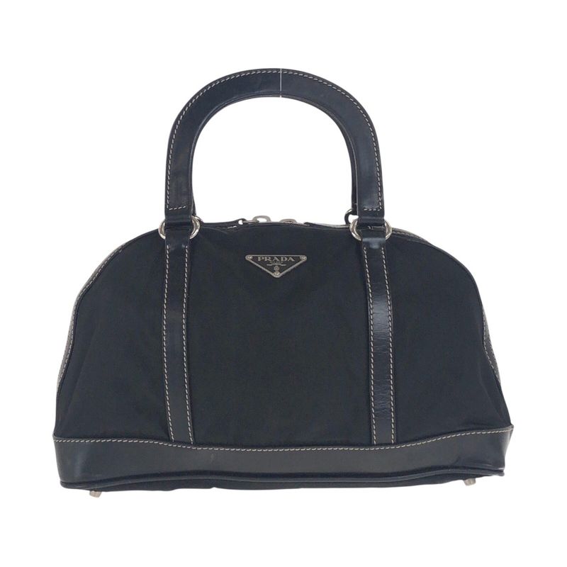 Prada Tessuto Triangle Logo Plate Black Silver Hardware Nylon Leather Handbag