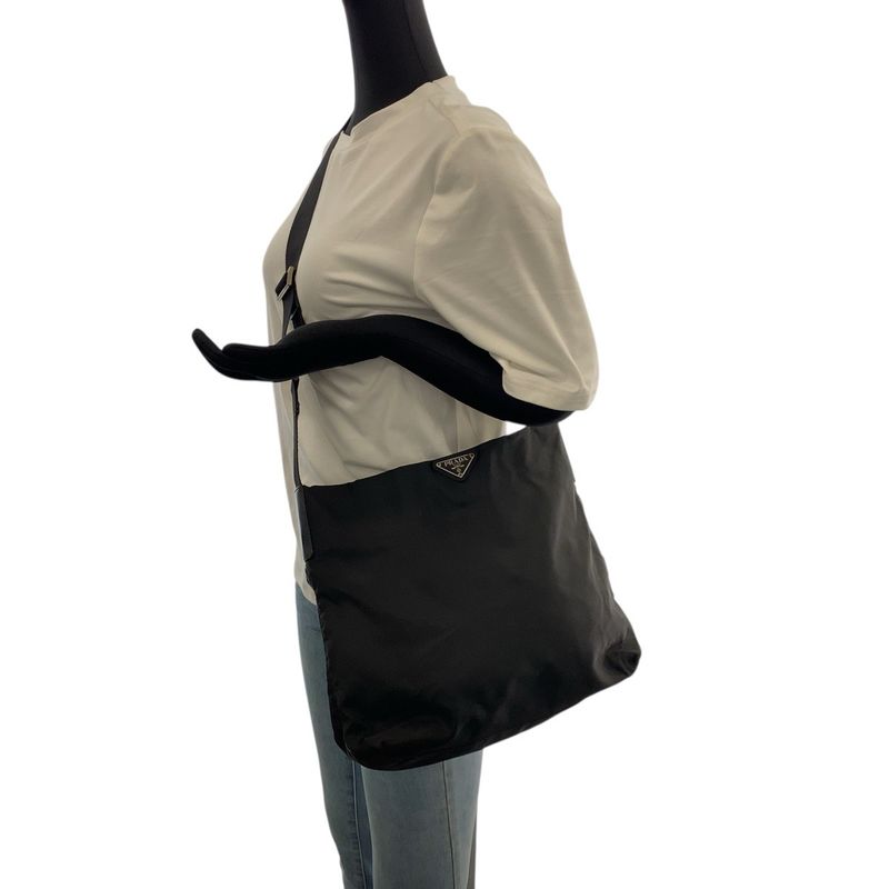 Prada Tessuto Triangle Logo Plate Black Silver Hardware Nylon Leather Shoulder