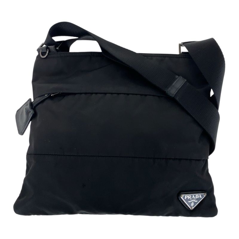 Prada Tessuto Triangle Logo Plate Black Silver Hardware Nylon Leather Shoulder