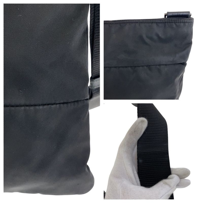 Prada Tessuto Triangle Logo Plate Black Silver Hardware Nylon Leather Shoulder