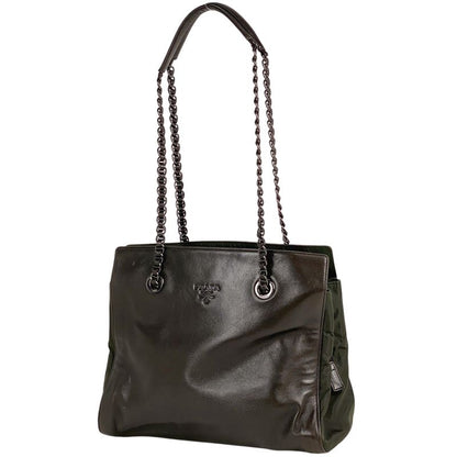 Prada Logo Chain Tote Shoulder Bag Tote Leather Brown Green B4328 Women