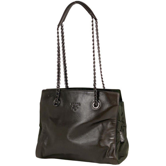 Prada Logo Chain Tote Shoulder Bag Tote Leather Brown Green B4328 Women