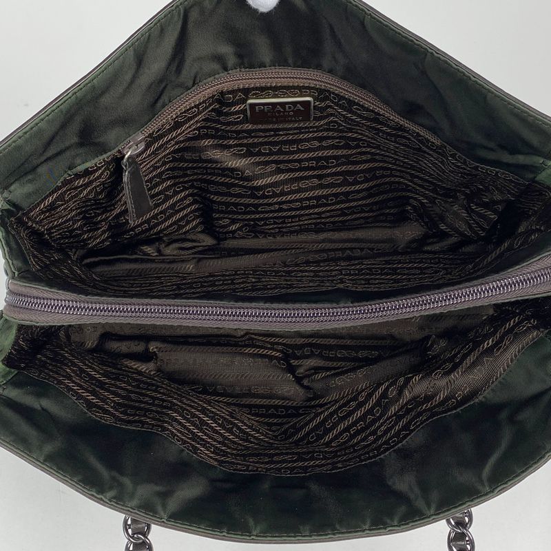 Prada Logo Chain Tote Shoulder Bag Tote Leather Brown Green B4328 Women