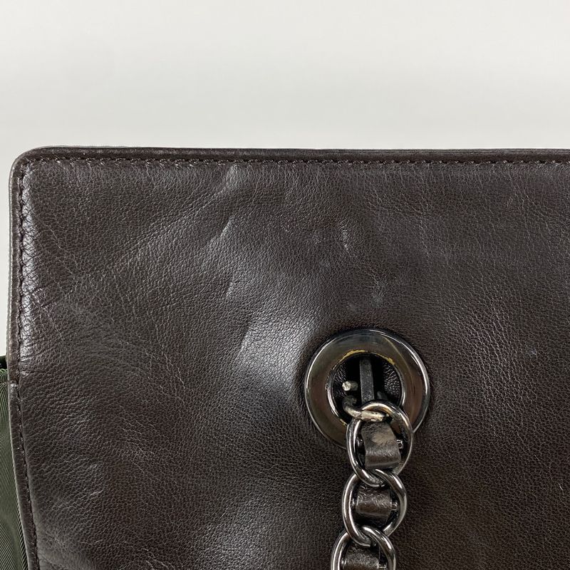 Prada Logo Chain Tote Shoulder Bag Tote Leather Brown Green B4328 Women