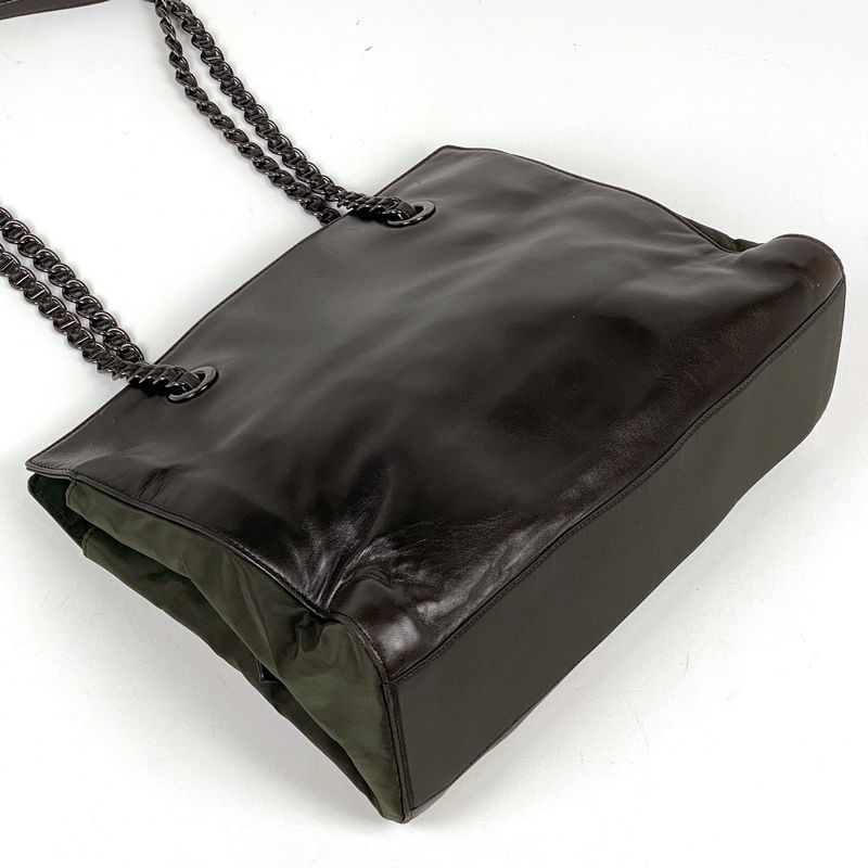 Prada Logo Chain Tote Shoulder Bag Tote Leather Brown Green B4328 Women