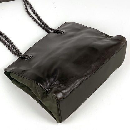Prada Logo Chain Tote Shoulder Bag Tote Leather Brown Green B4328 Women