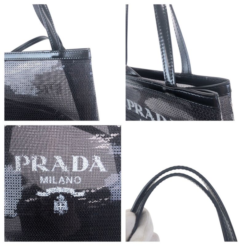 Prada Mesh Triangle Logo Plate Black Silver Hardware Sequins Leather Tote