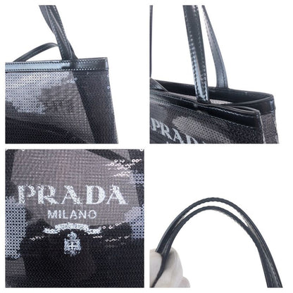 Prada Mesh Triangle Logo Plate Black Silver Hardware Sequins Leather Tote