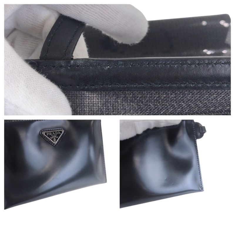 Prada Mesh Triangle Logo Plate Black Silver Hardware Sequins Leather Tote