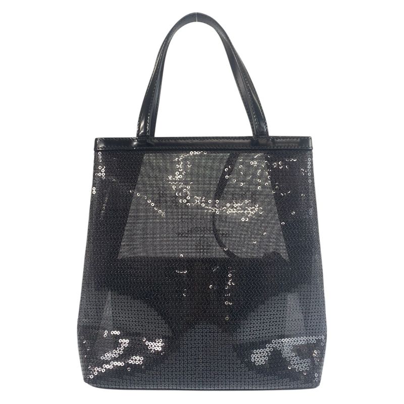 Prada Mesh Triangle Logo Plate Black Silver Hardware Sequins Leather Tote