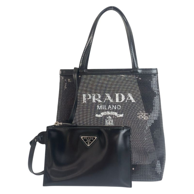 Prada Mesh Triangle Logo Plate Black Silver Hardware Sequins Leather Tote