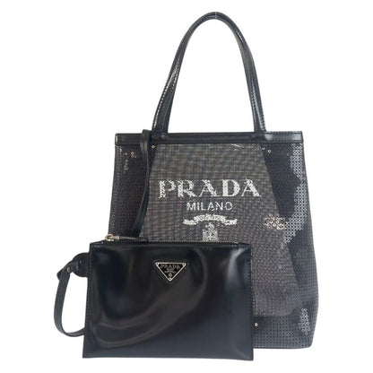 Prada Mesh Triangle Logo Plate Black Silver Hardware Sequins Leather Tote