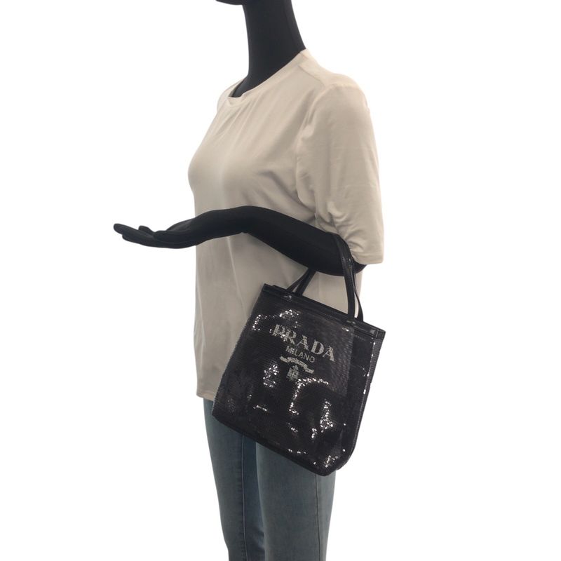 Prada Mesh Triangle Logo Plate Black Silver Hardware Sequins Leather Tote