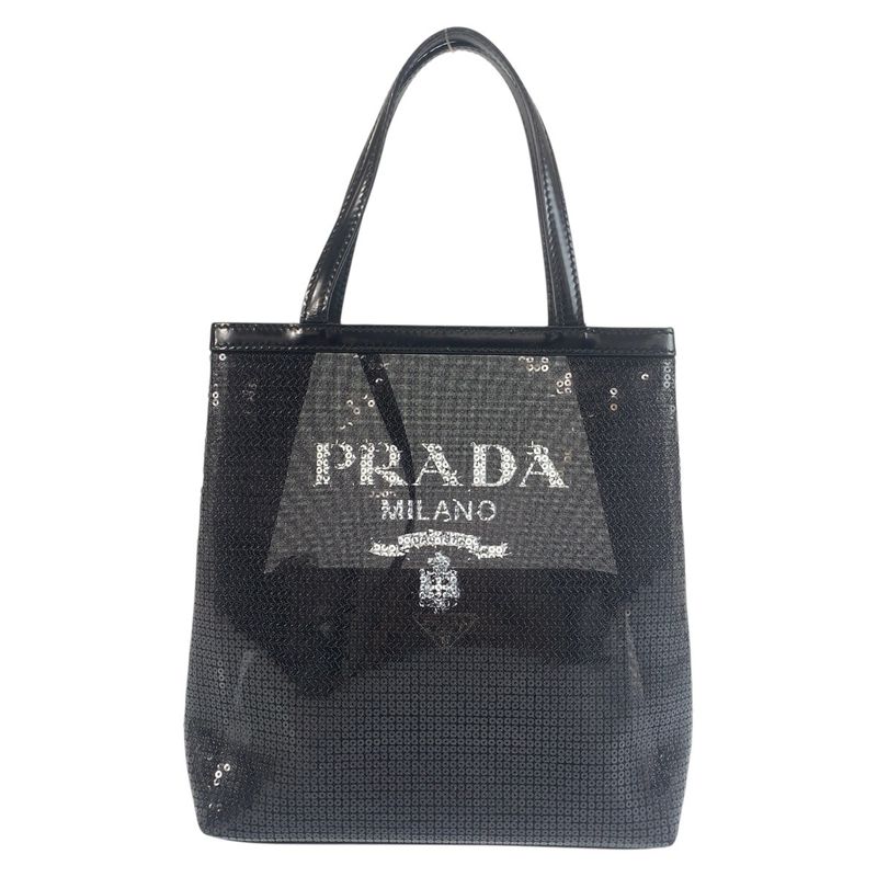 Prada Mesh Triangle Logo Plate Black Silver Hardware Sequins Leather Tote