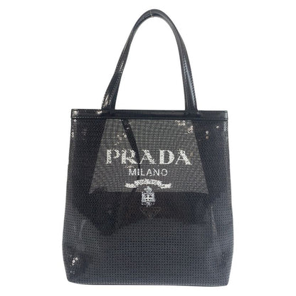 Prada Mesh Triangle Logo Plate Black Silver Hardware Sequins Leather Tote