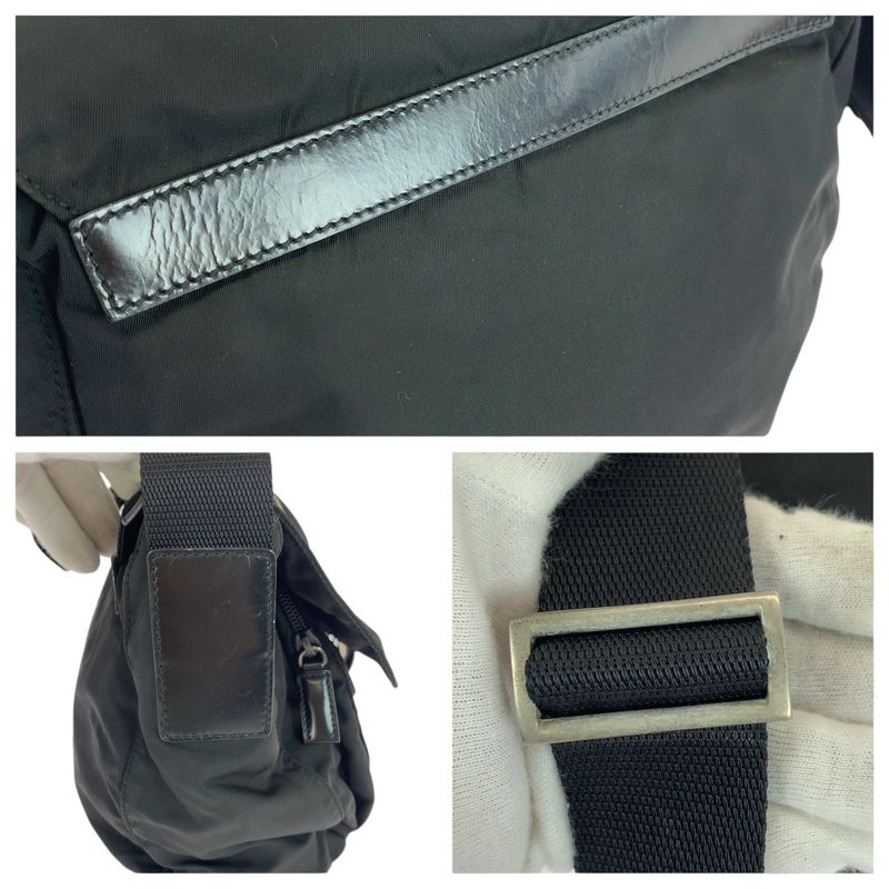 Prada Tessuto Triangle Logo Plate Black Silver Hardware Nylon Leather Shoulder