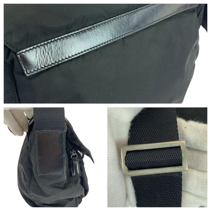 Prada Tessuto Triangle Logo Plate Black Silver Hardware Nylon Leather Shoulder