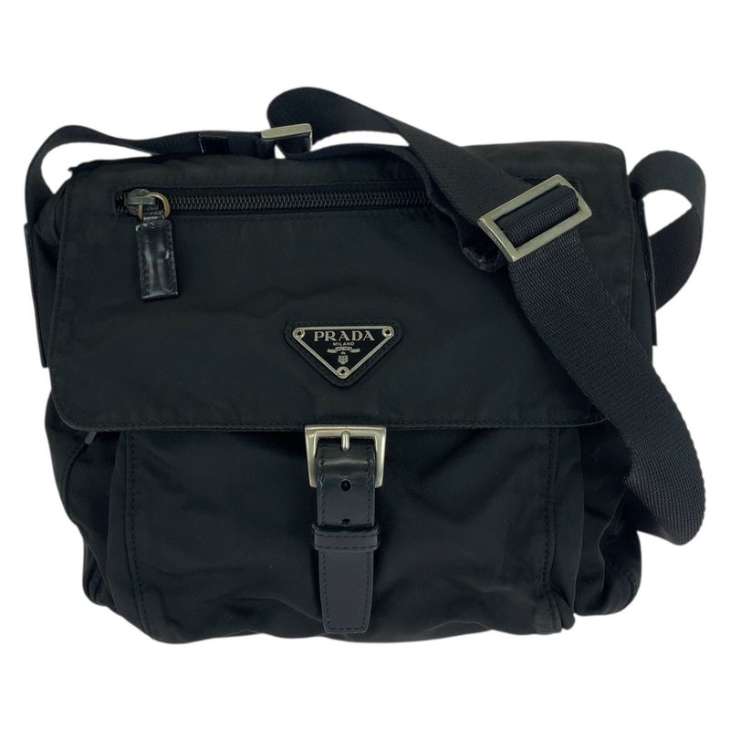 Prada Tessuto Triangle Logo Plate Black Silver Hardware Nylon Leather Shoulder