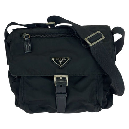 Prada Tessuto Triangle Logo Plate Black Silver Hardware Nylon Leather Shoulder