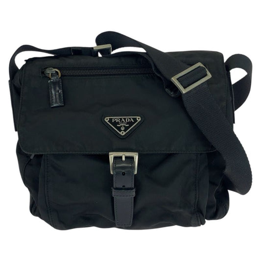 Prada Tessuto Triangle Logo Plate Black Silver Hardware Nylon Leather Shoulder